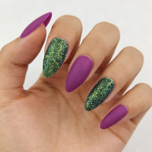 Glamorous Elegance Long Almond Purple and Glittering Green Press On Nail Set with Stunning Shiny Finish