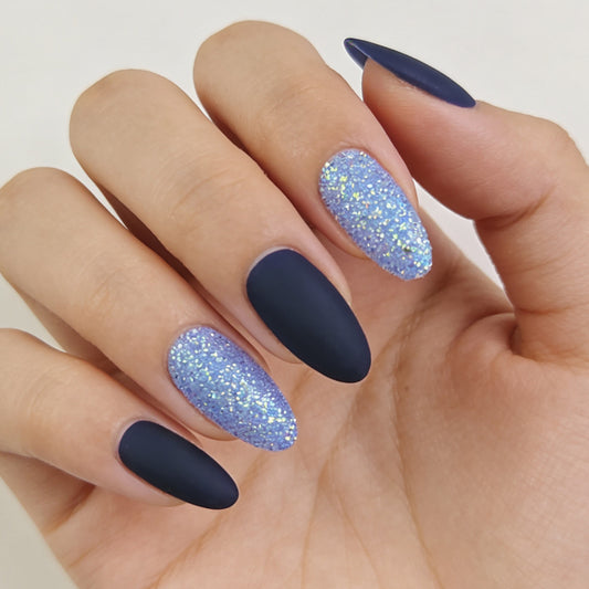 Celestial Dream Glittering Long Almond Blue Press-On Nail Set with Sparkling Accents
