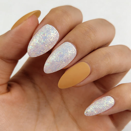 Glamorous Sunset Inspired Long Almond Glitter and Matte Terracotta Press on Nail Set