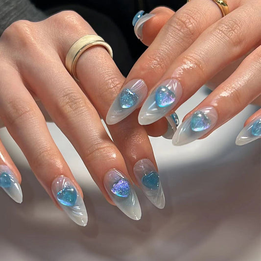 Enchanted Ocean Long Almond Iridescent Blue Press On Nail Set with Holographic Accents