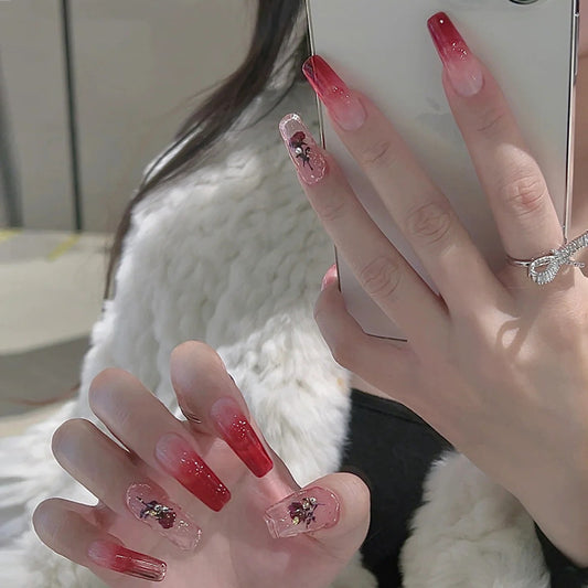Glamorous Winter Wonderland Long Square Red Ombre with Floral Accents Press On Nail Set