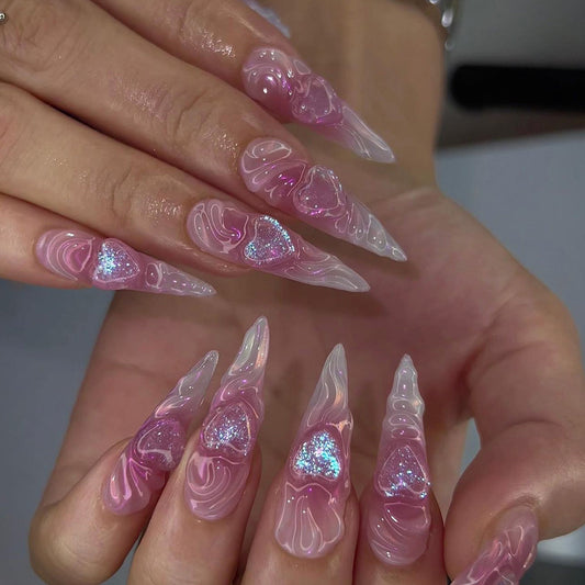 Enchanted Elegance Long Stiletto Pink Swirl Glitter Accent Press On Nail Set