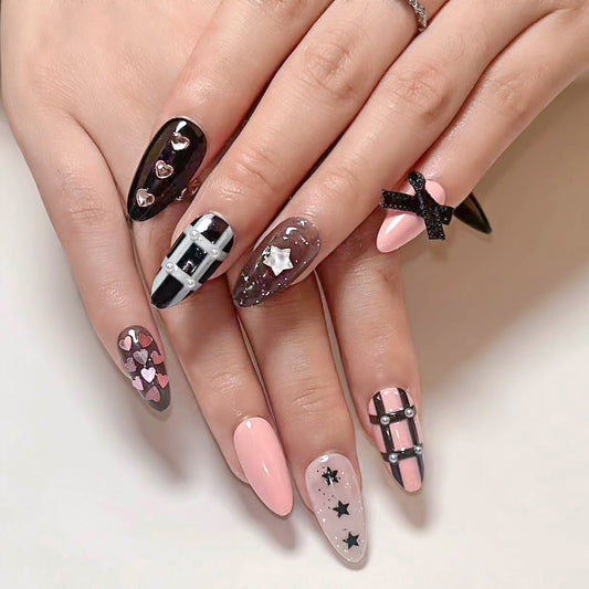 Punk Princess Medium Almond Black and Pink Mixed Pattern 3D Design Press On Nails