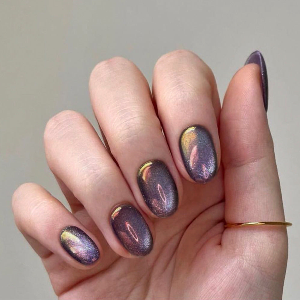 Mystical Aura Short Oval Purple Iridescent Press On Nail Set with Holographic Shine