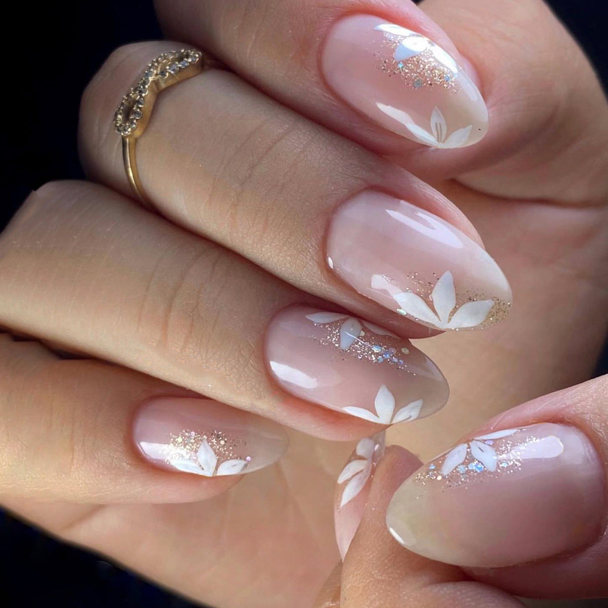 Bridal Elegance Medium Almond Beige Press On Nails with White Floral Art and Glitter Detail