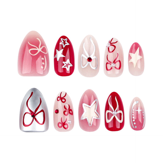 Charming Bowknot Theme Short Almond Red and Pink Press On Nail Set with Dazzling Star Accents