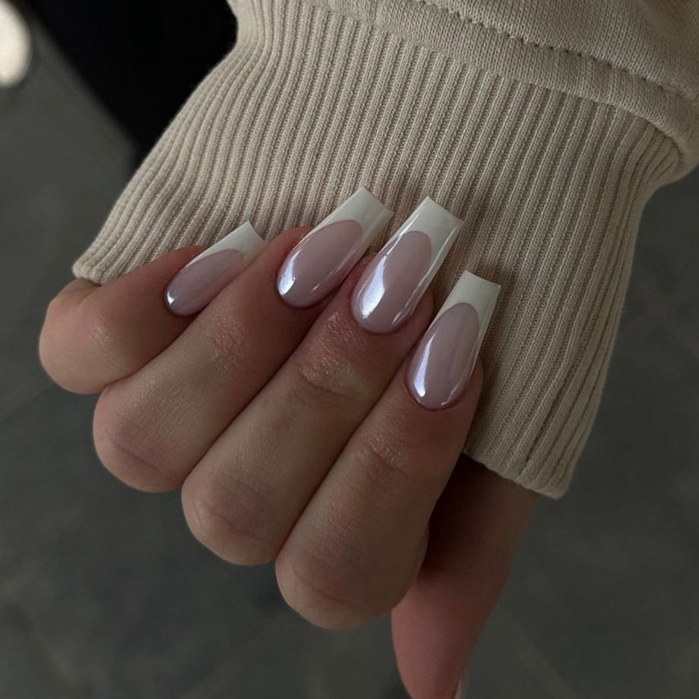 Elegant Evening Long Coffin French Tip Pink and White Press On Nail Set with Glossy Finish