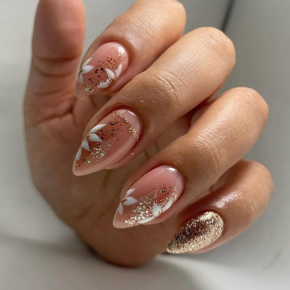 Enchanted Elegance Medium Almond Peach Glitter Accent Press On Nail Set