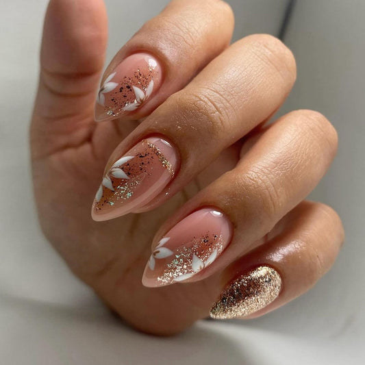 Enchanted Elegance Medium Almond Peach Glitter Accent Press On Nail Set