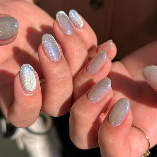 Starry Night Short Length Oval Grey Glitter Press On Nail Set with Sparkling Effect