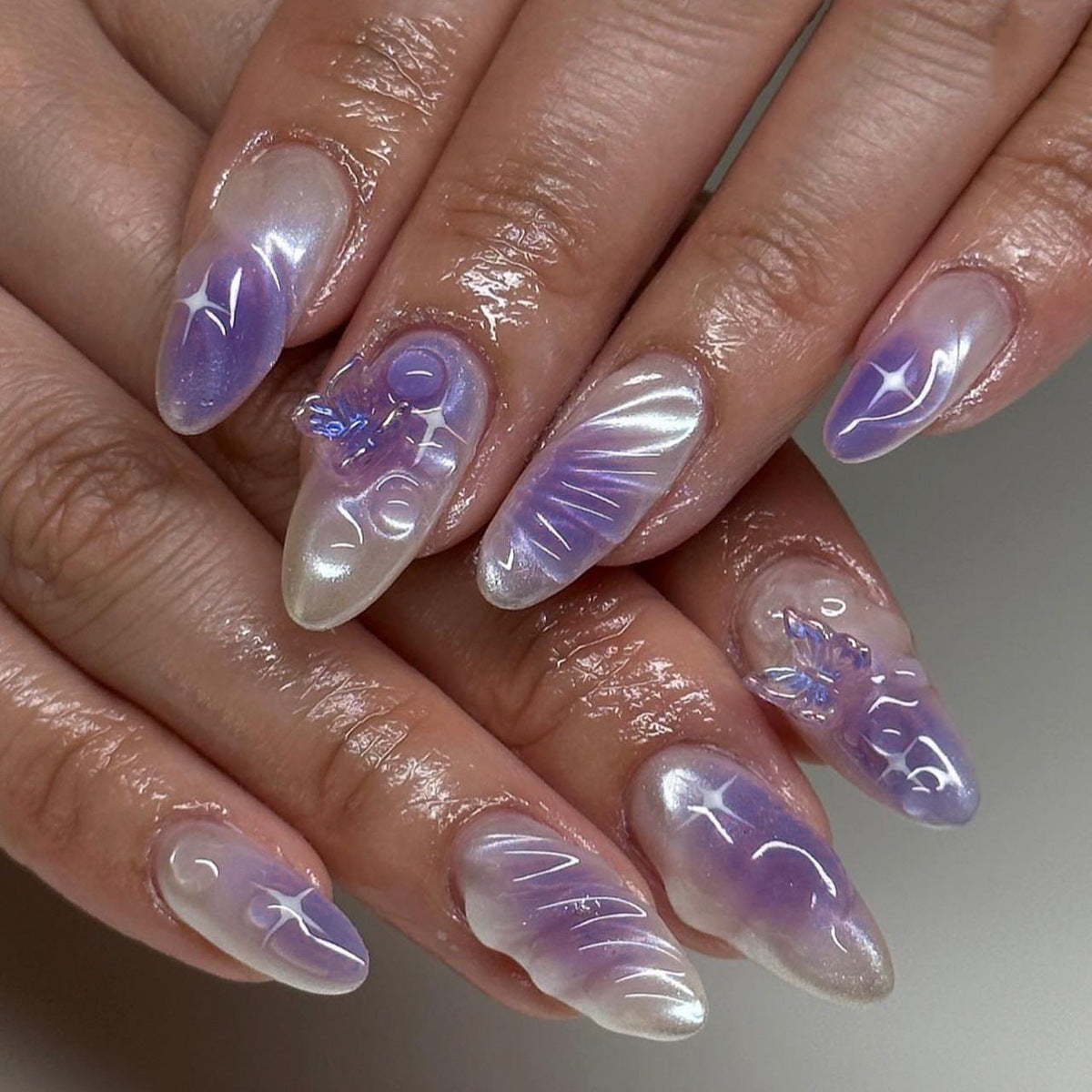 Enchanted Lilac Dreams Medium Almond Lavender Press On Nail Set with Iridescent Artwork