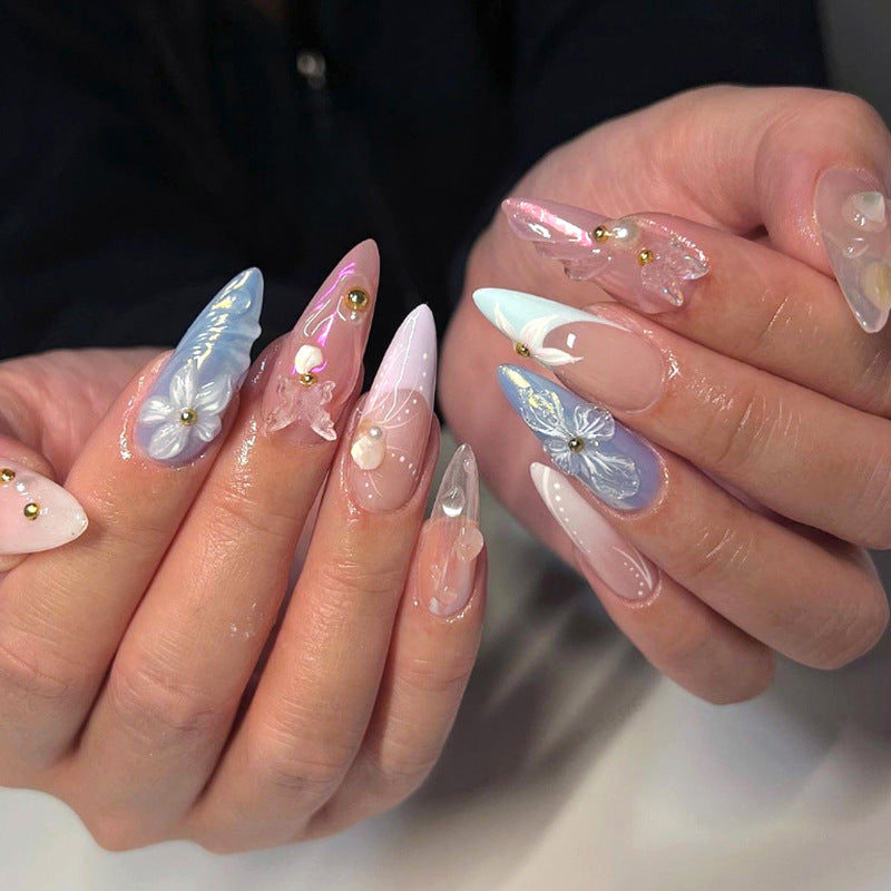 Enchanted Garden Extra Long Stiletto Pastel Ombre Press On Nail Set with 3D Flower Embellishments