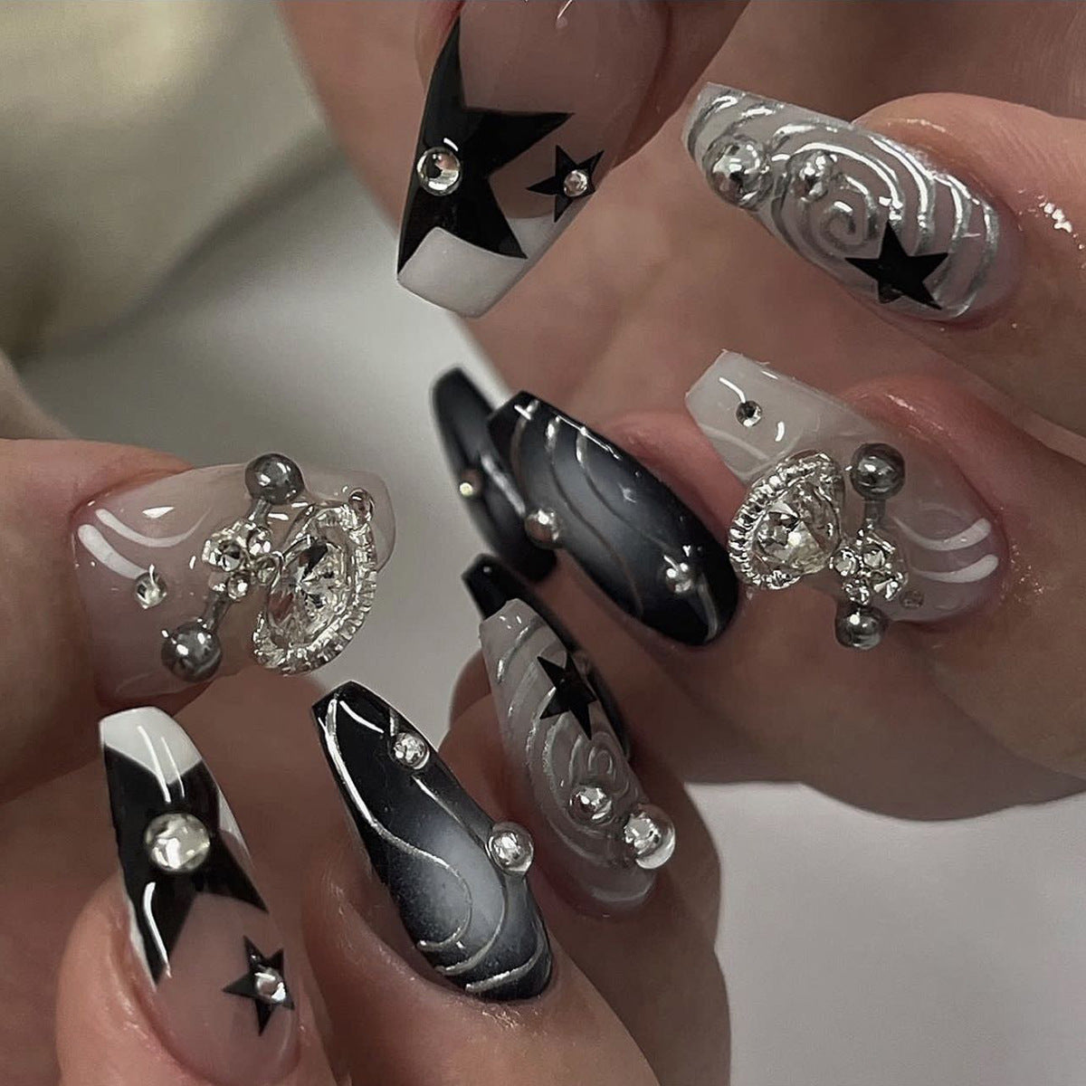 Glam Rock Star Long Coffin Black and White Press On Nail Set with Rhinestone Accents