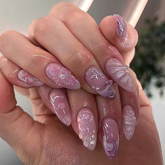 Enchanted Garden Long Stiletto Lavender Press On Nails with 3D Floral Embellishments