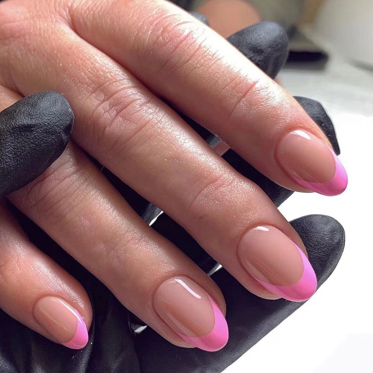 Elegant French Ombre Extra Medium Round Press-On Nail Set, Natural Beige to Pink Gradient with Glossy Finish