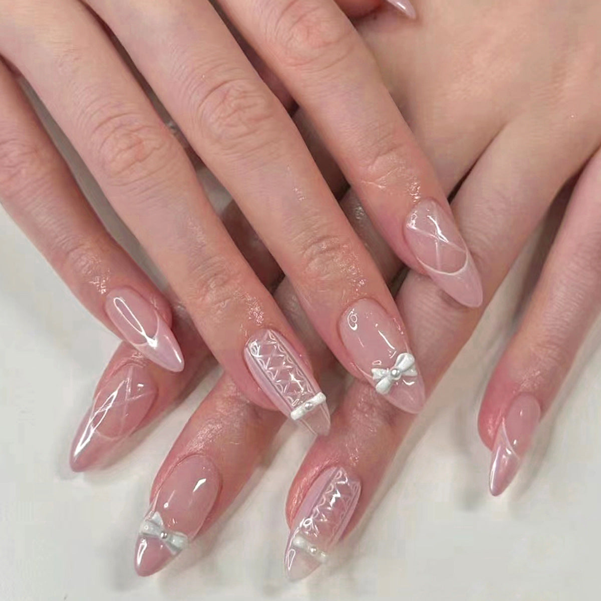 Elegant Bridal Collection Medium Almond Blush Pink Press On Nails with Rhinestone Accents and 3D Bow Design