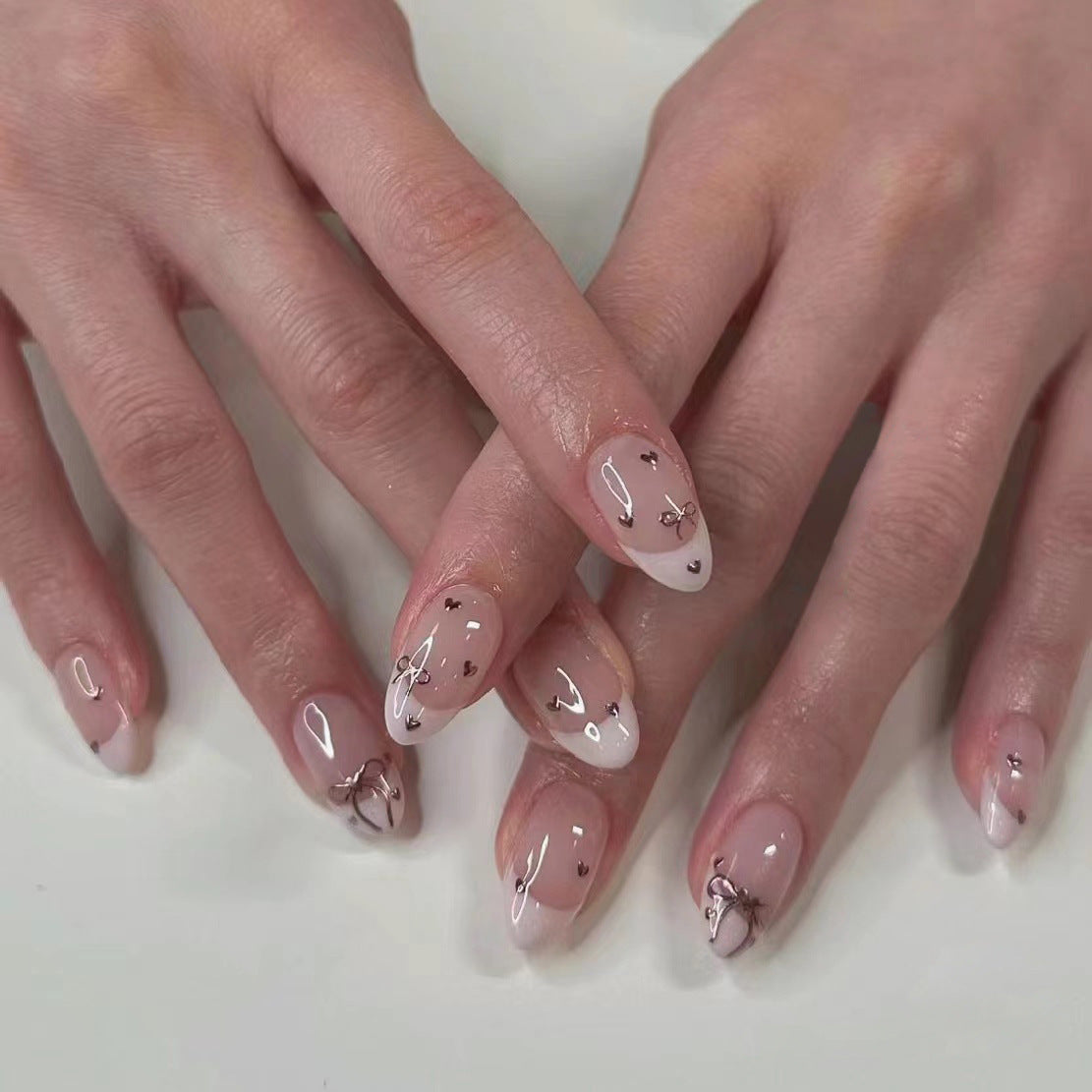 Enchanted Elegance Medium Almond Pink Press On Nails with Delicate Floral Accents