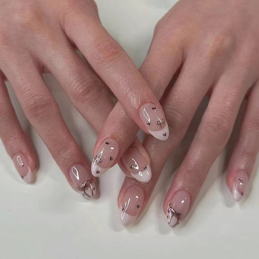 Enchanted Elegance Medium Almond Pink Press On Nails with Delicate Floral Accents