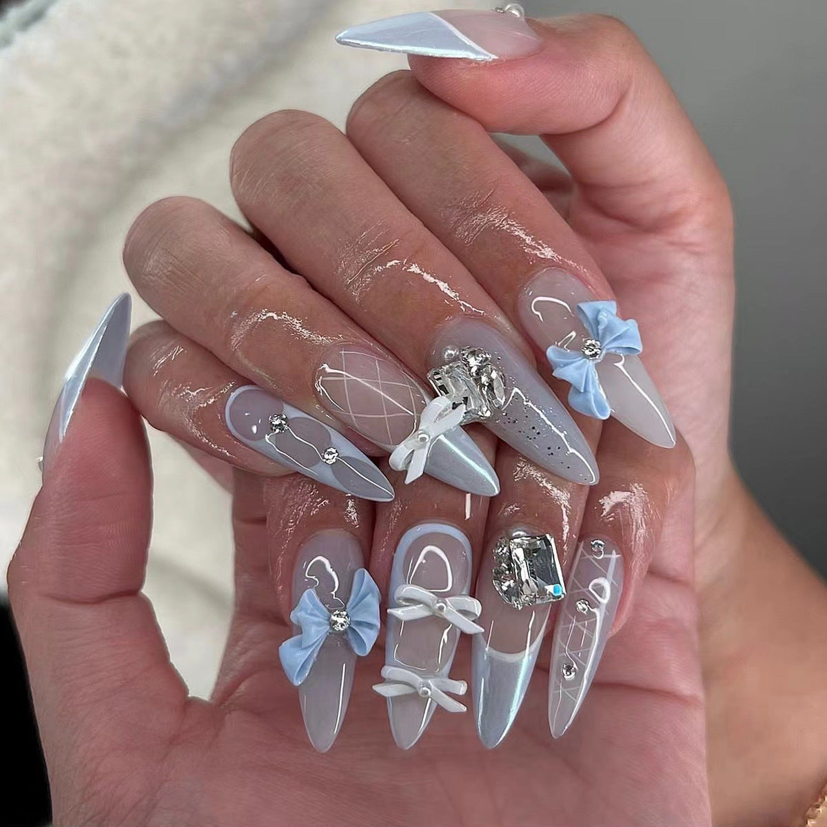 Fairytale Long Stiletto Translucent Press On Nails with Blue Bows and Crystal Embellishments