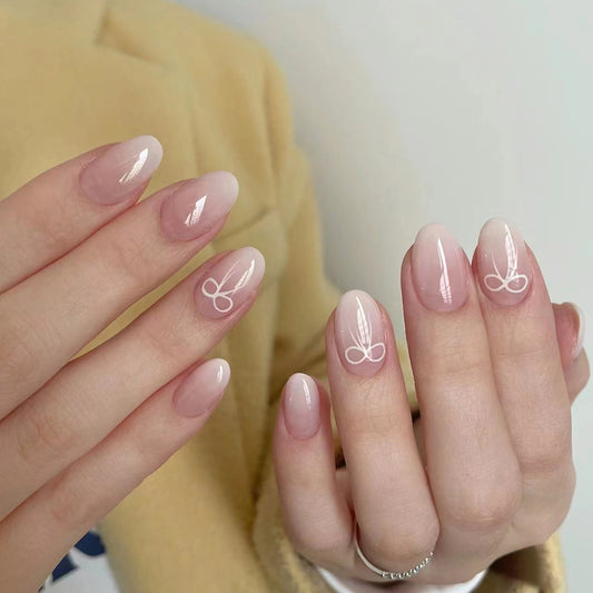 Elegant Spring Blossom Medium Almond-shaped Pastel Pink Press On Nail Set with White Floral Accents