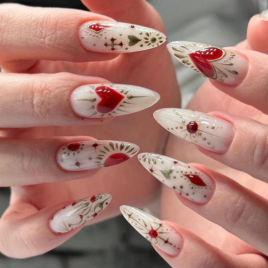Enchanted Garden Long Almond White Press On Nails with Floral Accents and 3D Gem Embellishments