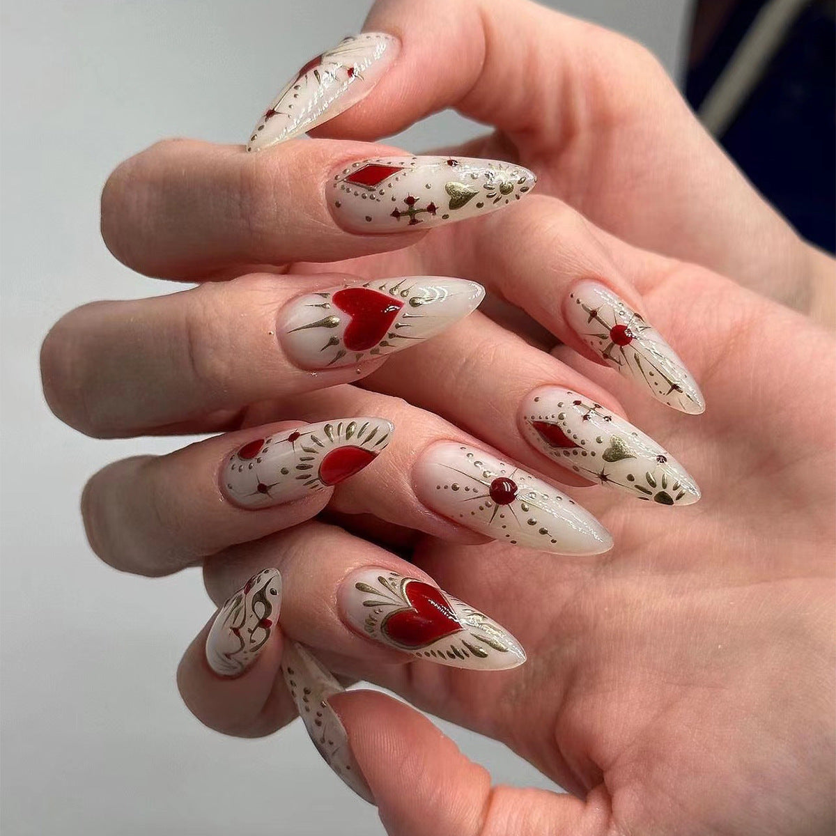Enchanted Garden Extra Long Almond White Press On Nails with Floral Accents and Red Heart Details
