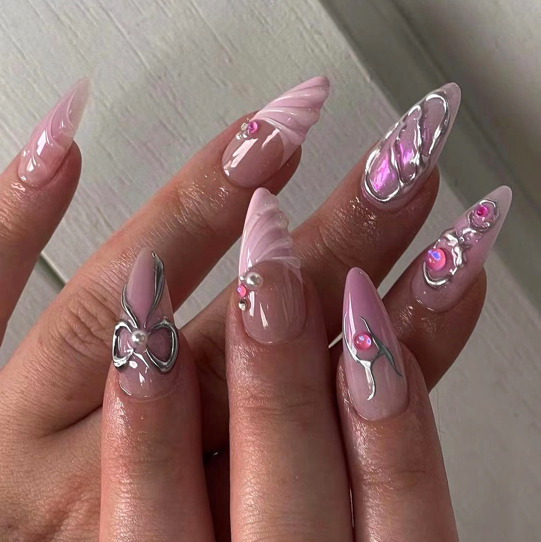Enchanted Elegance Long Stiletto Pink Press On Nail Set with Rhinestone Accents and 3D Art Design