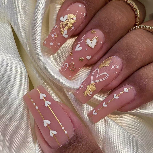 Enchanted Elegance Long Coffin Blush Pink Press On Nail Set with Gold Foil Accents and Heart Designs