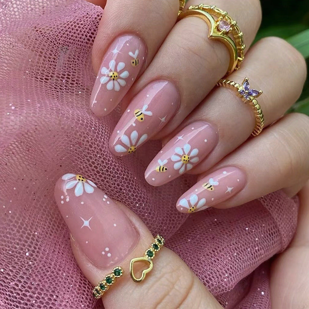 Enchanted Garden Medium-Length Oval-Shaped Baby Pink Press On Nails with Floral and Bee Accents
