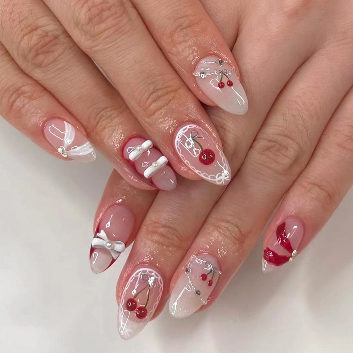 Enchanted Elegance Medium Almond Pink Press-On Nail Set with 3D Cherry Art Accents