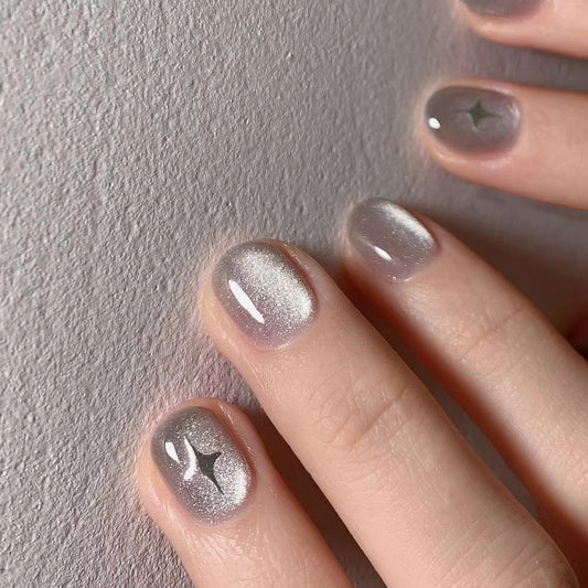 Twinkling Stardust Short Round Shimmer Grey Press On Nails with Star Accents