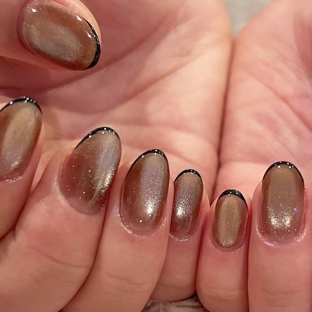 Chic Coffee Medium Oval Mocha Press On Nails with Glossy Finish and Black Accents