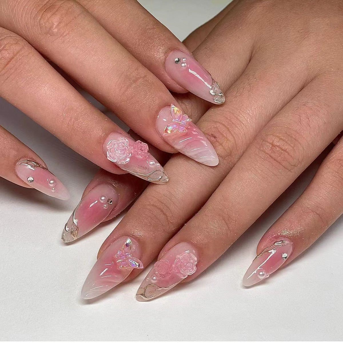 Elegant Bridal Collection Medium Stiletto Pink Press On Nails with 3D Rose Accents and Rhinestone Embellishments