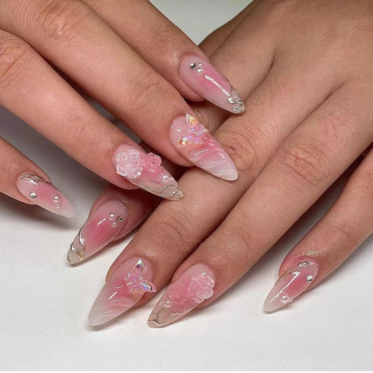 Elegant Bridal Collection Medium Stiletto Pink Press On Nails with 3D Rose Accents and Rhinestone Embellishments