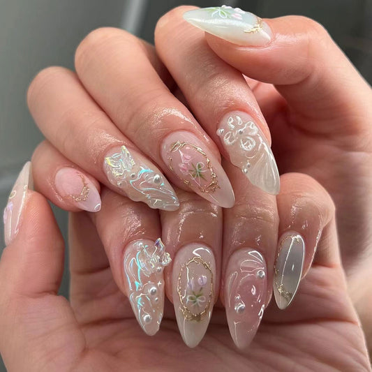Enchanted Garden Medium Almond Pale Pink Press On Nail Set with Floral Embellishments and Pearlescent Accents