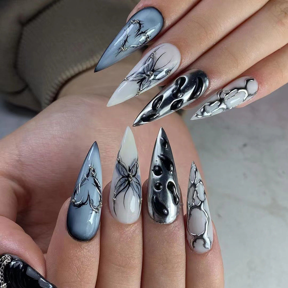 Mystical Dreamscape Long Stiletto Press On Nail Set in Silver Black and Blue with Intricate Floral and Abstract Designs