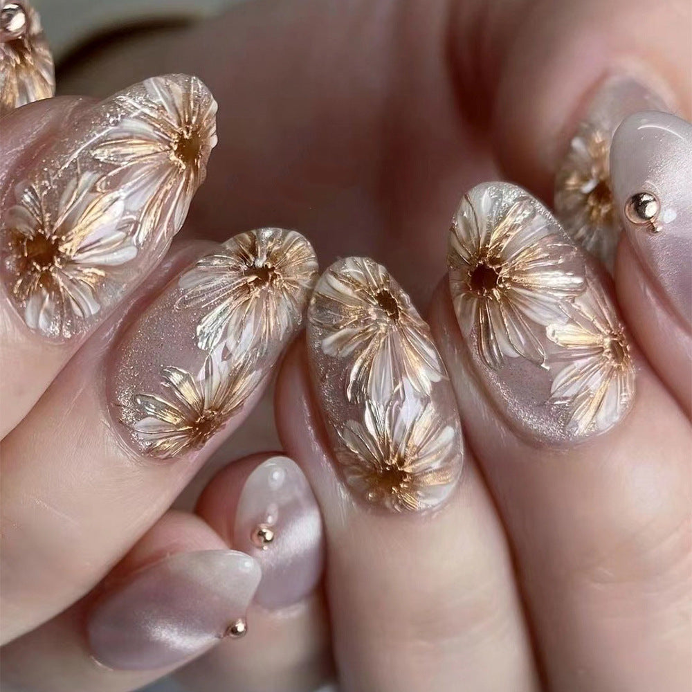 Elegant Botanical Bliss Medium Oval Taupe Glitter Floral Press On Nail Set with 3D Embellishments