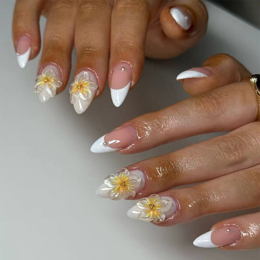 Floral Fantasy Medium Stiletto White Press-On Nail Set with 3D Flower Embellishments