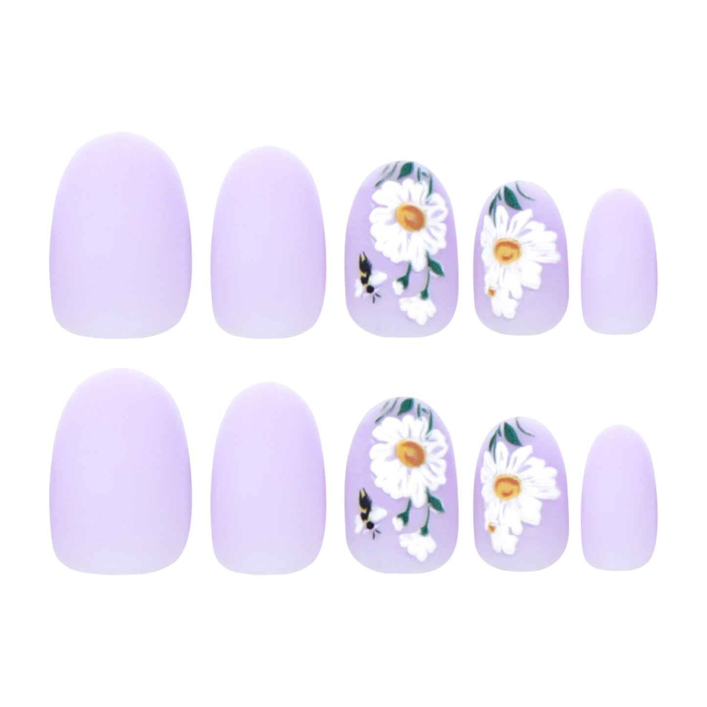 Springtime Floral Elegance Medium Oval Matte Lavender Press On Nail Set with Hand-Painted Daisy and Bee Design