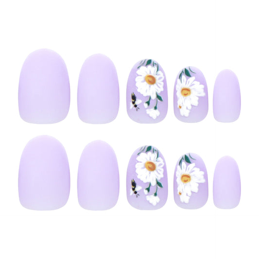 Springtime Floral Elegance Medium Oval Matte Lavender Press On Nail Set with Hand-Painted Daisy and Bee Design