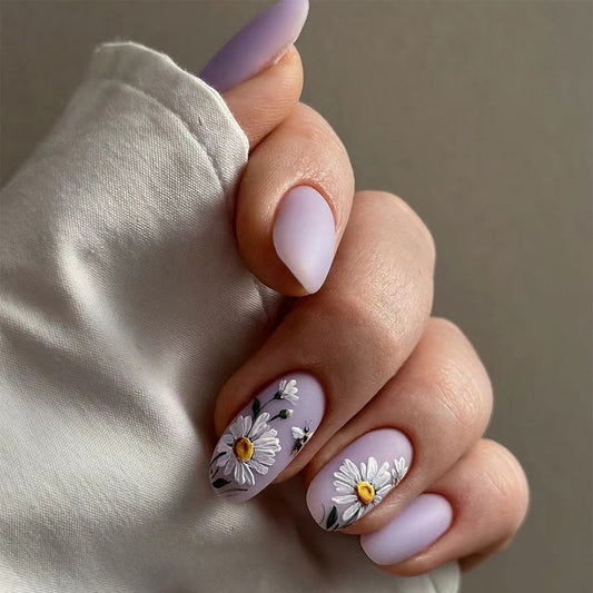 Whimsical Floral Charm Medium Oval Lavender Press On Nail Set with Daisy Art