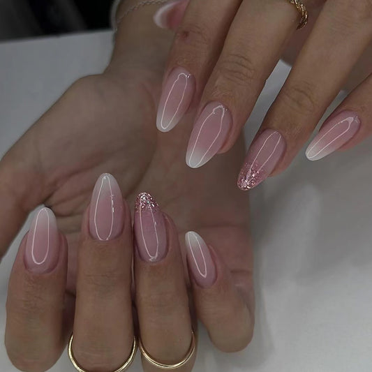 Elegant Evening Medium Almond Pink Glitter Accented Press On Nail Set