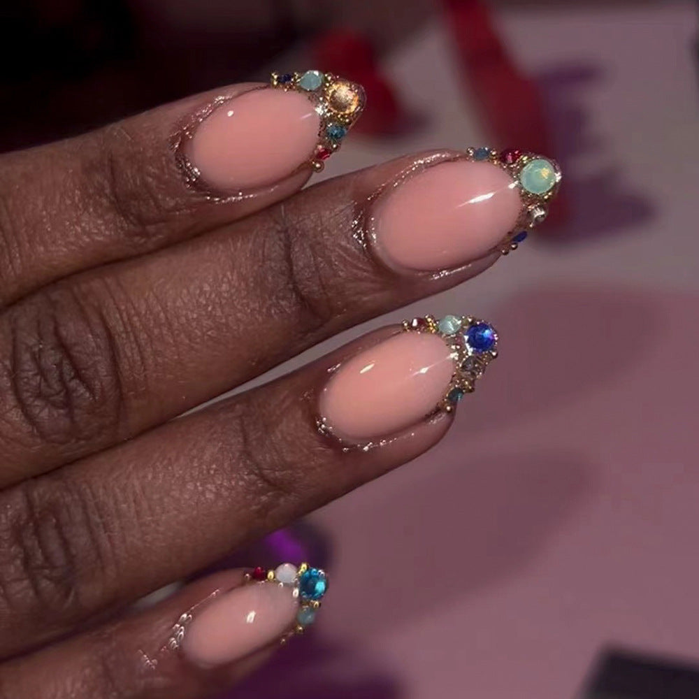 Enchanted Elegance Medium Oval Beige Press On Nail Set with Multicolored Rhinestone Accents
