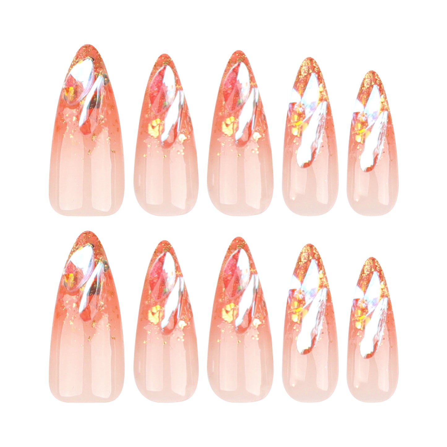 Enchanting Elegance Long Almond Pink Press-On Nails with Glittering Tips and Shimmering Accents
