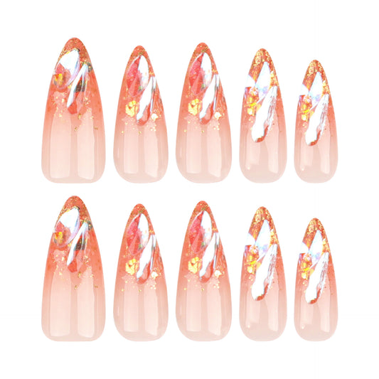 Enchanting Elegance Long Almond Pink Press-On Nails with Glittering Tips and Shimmering Accents