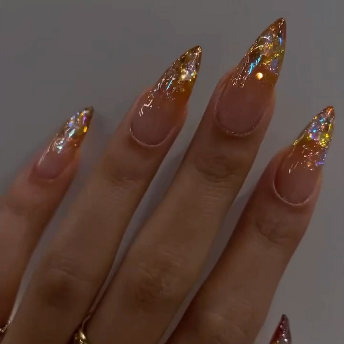 Glamorous Sunset Long Almond Press On Nails Transparent Gold Glitter Magic