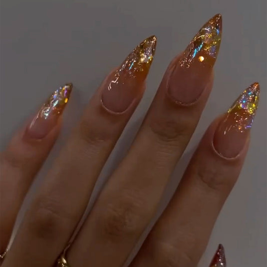Glamorous Sunset Long Almond Press On Nails Transparent Gold Glitter Magic