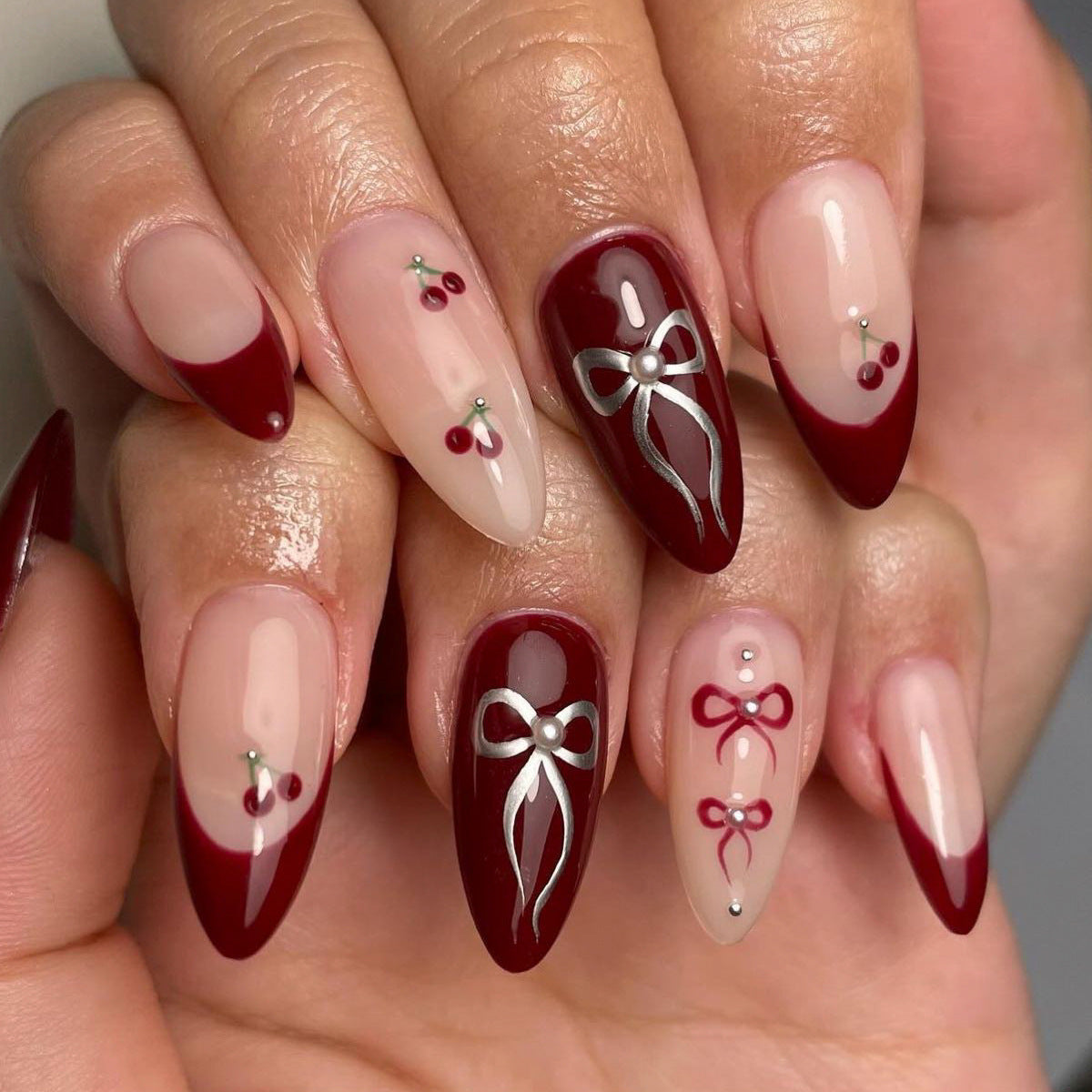 Elegant Affair Long Almond Burgundy and Beige Press On Nail Set with Rhinestone Accents