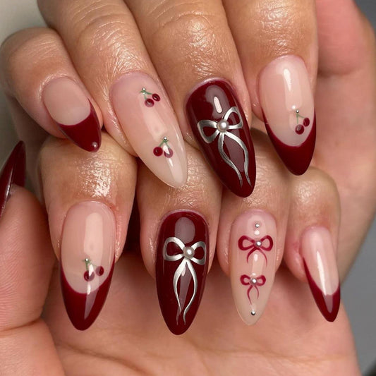 Elegant Affair Long Almond Burgundy and Beige Press On Nail Set with Rhinestone Accents