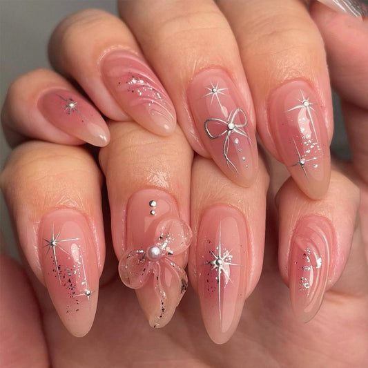 Celestial Elegance Long Almond Beige Press On Nail Set with Silver Stars and Pearls